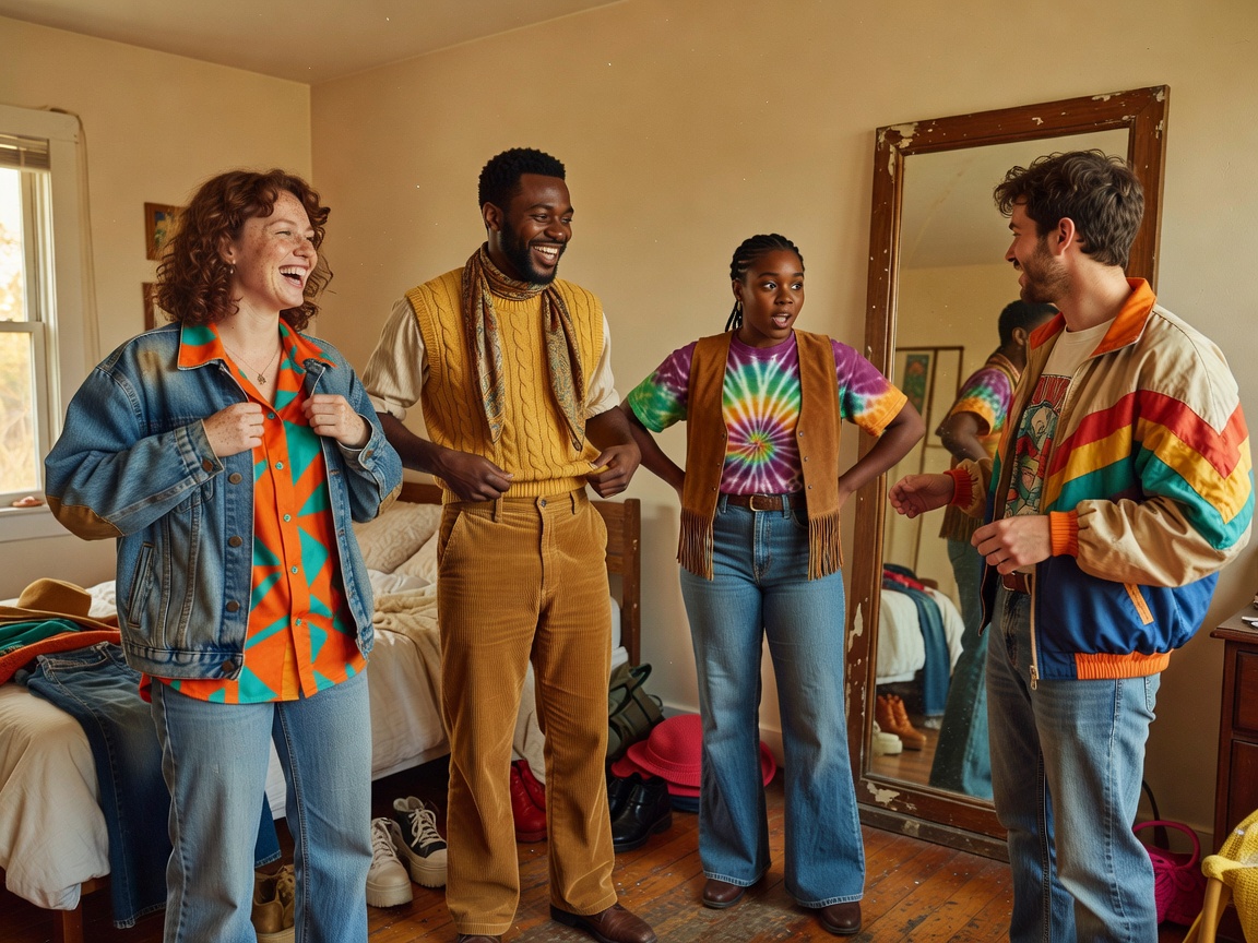 Friends trying expressive shirts and retro-inspired layers beside a sunlit bedroom mirror