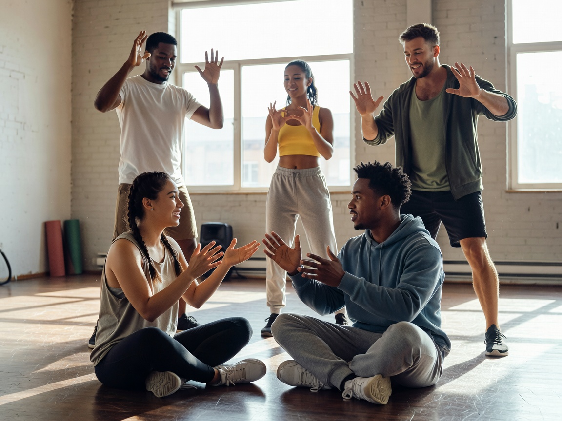 Friends exploring seated and standing hand gestures in a bright informal rehearsal space